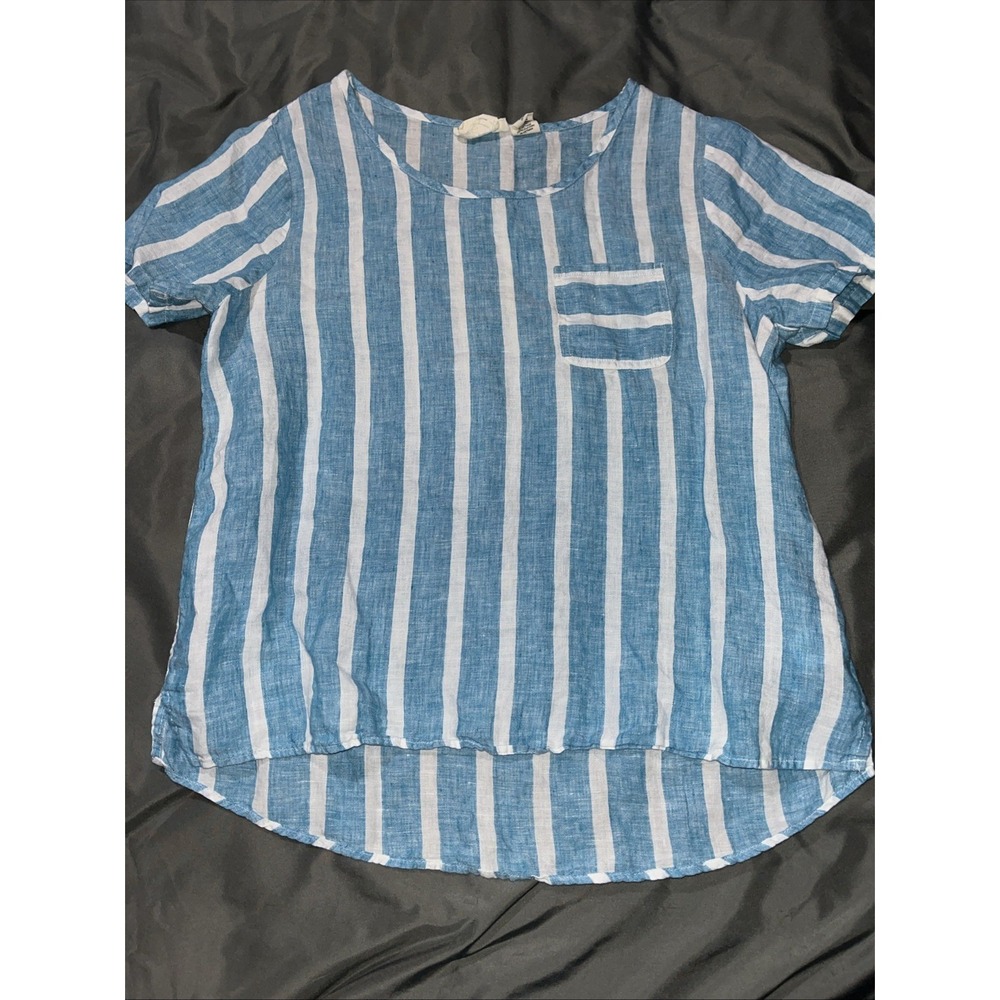CHRISTIAN SIRIANO LINEN BOXY TOP BLOUSE WOMENS MEDIUM STRIPED